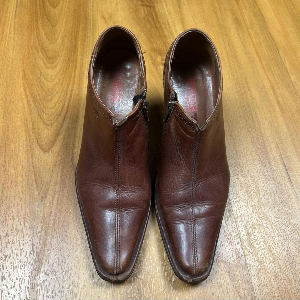 Pikolinos Women Brown Leather Heel Bootie‎ Zip Sz 39 Spanish Made Block Heel